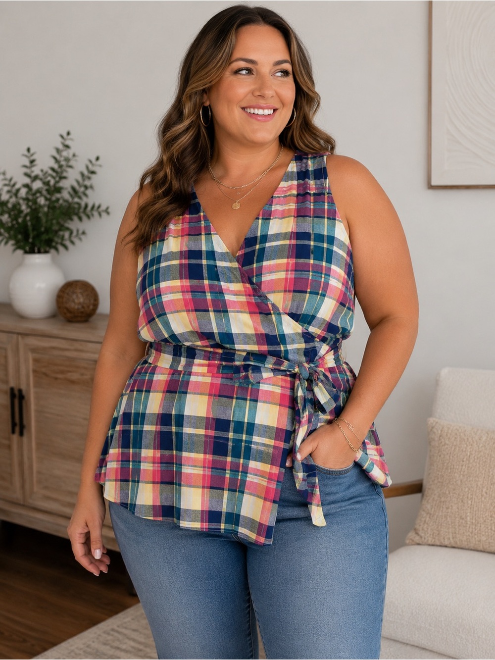 NWT Lane Bryant Plaid Wrap Blouse Size 20 Stretch Back Tie Front Top